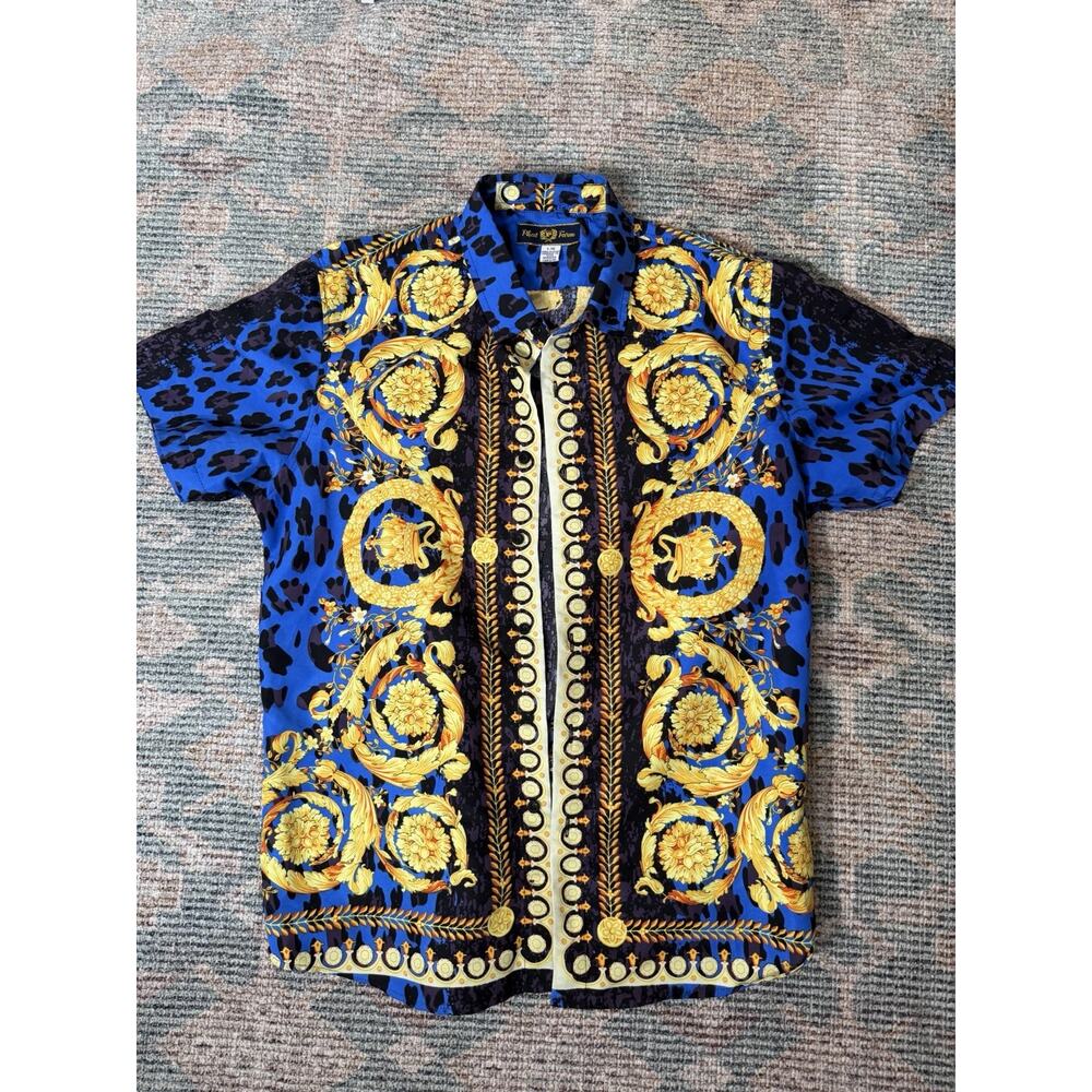 Phat Farm Men’s Button Shirt Large Blue Gold Leopard Print Short Sleeve Y2K